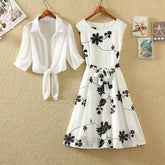 New Elegant Suit Two-piece Dress High Waist Sleeveless Slim A-line Skirt Floral Embroidery White Top Bow Belt Vintage  WOMEN